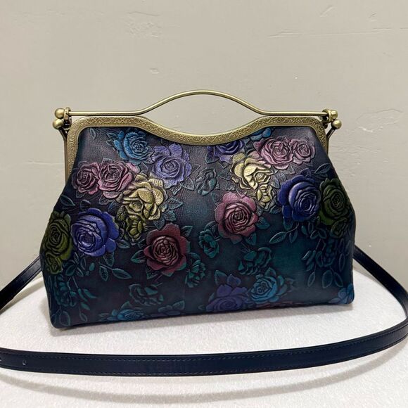 Laurie's Collection Handbags - Unique Colorful Rose Embossed Cowhide Handmade  Retro Style Kisslock Handbag